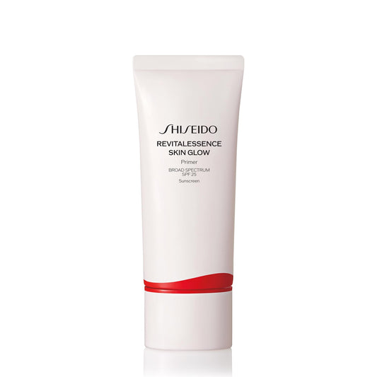 Shiseido RevitalEssence Skin Glow Primer bottle close-up showing radiant base for makeup