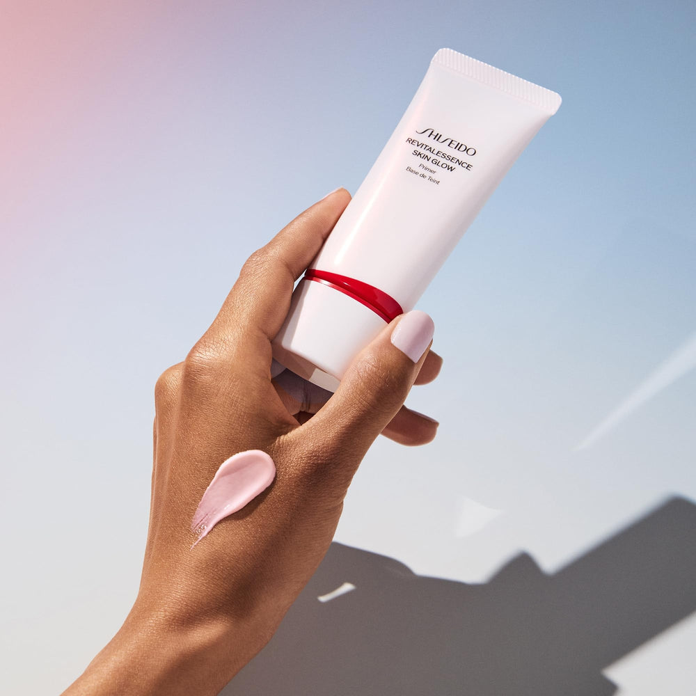 Shiseido RevitalEssence Skin Glow Primer swatch on hand reveals instant glow
