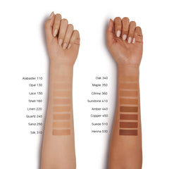 Shiseido Synchro Skin finish swatch on skin showing natural tone and blend.