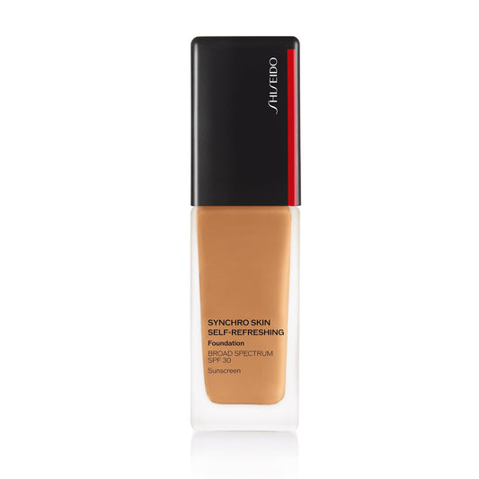 Shiseido Synchro Skin Bronze 420 bottle shows all-day natural semi-matte finish.