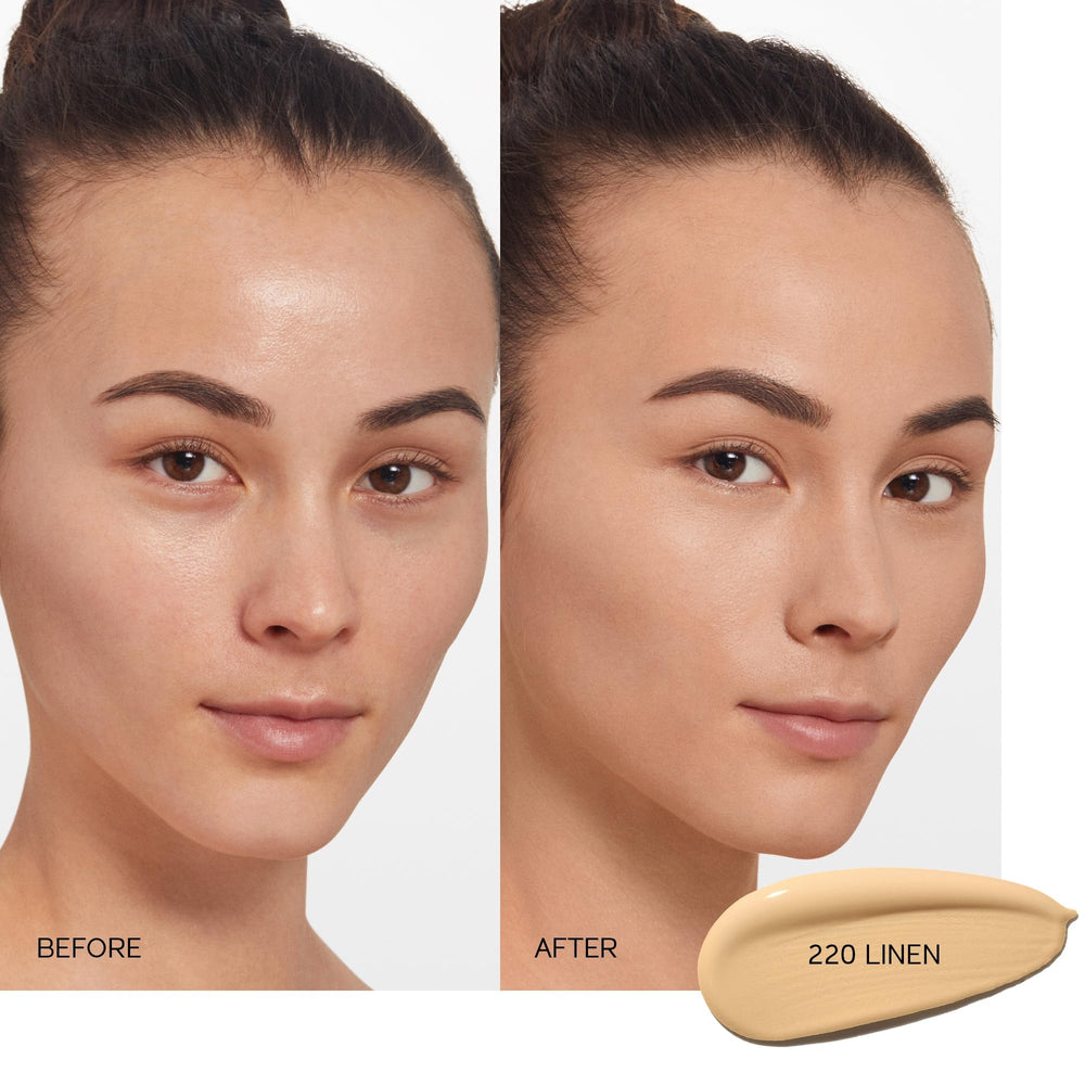 Shiseido Synchro Skin linen-220 swatch reveals natural, buildable coverage.