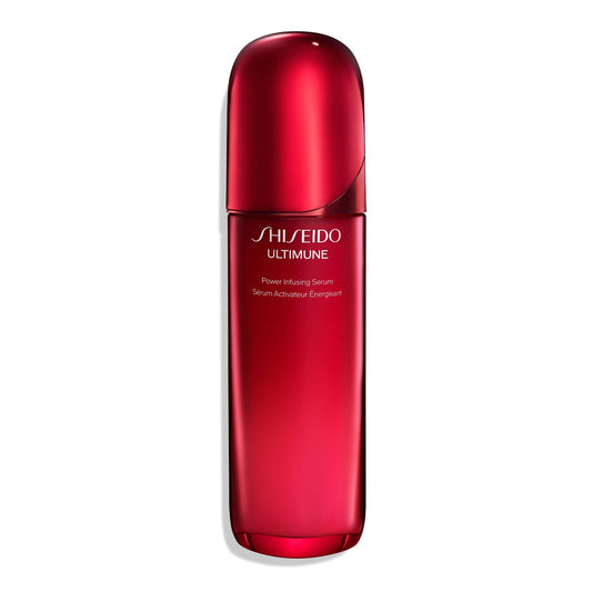 Shiseido Ultimune serum bottle front highlights premium packaging and a ready-to-use glow enhancing formula.