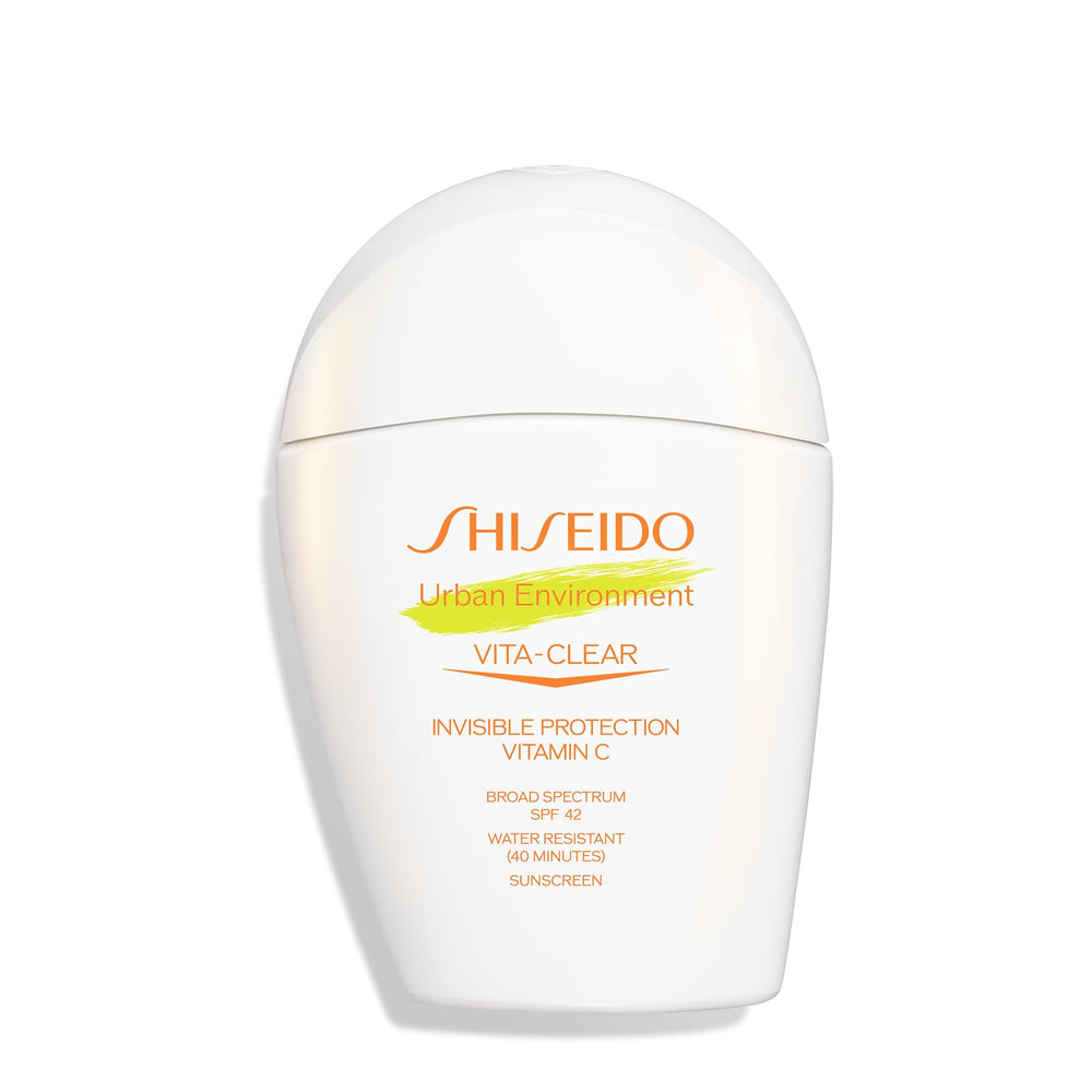Shiseido Urban Environment Vita-Clear sunscreen bottle showing invisible finish and lightweight protection