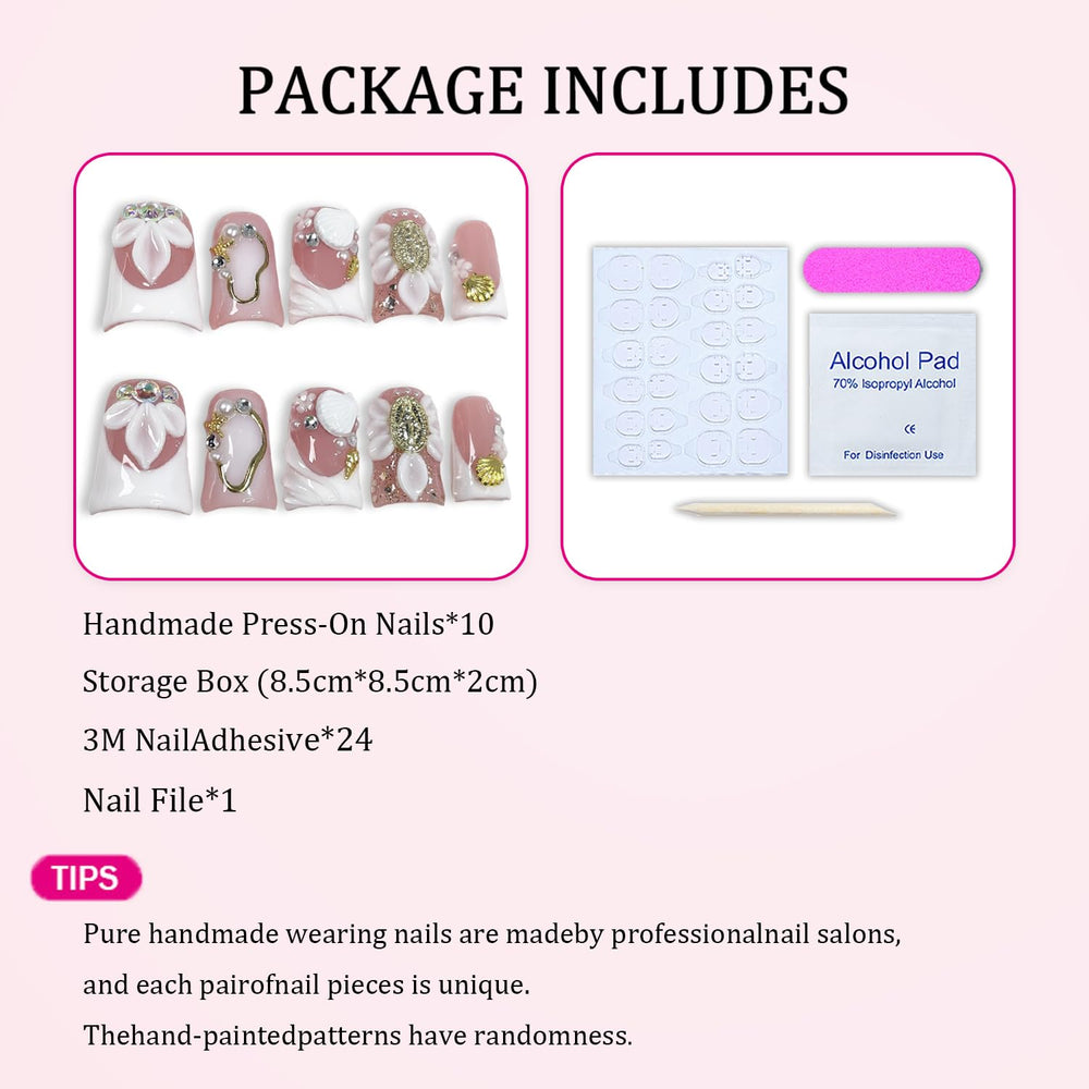 3D shell and floral details on Short Duck nails for special occasions