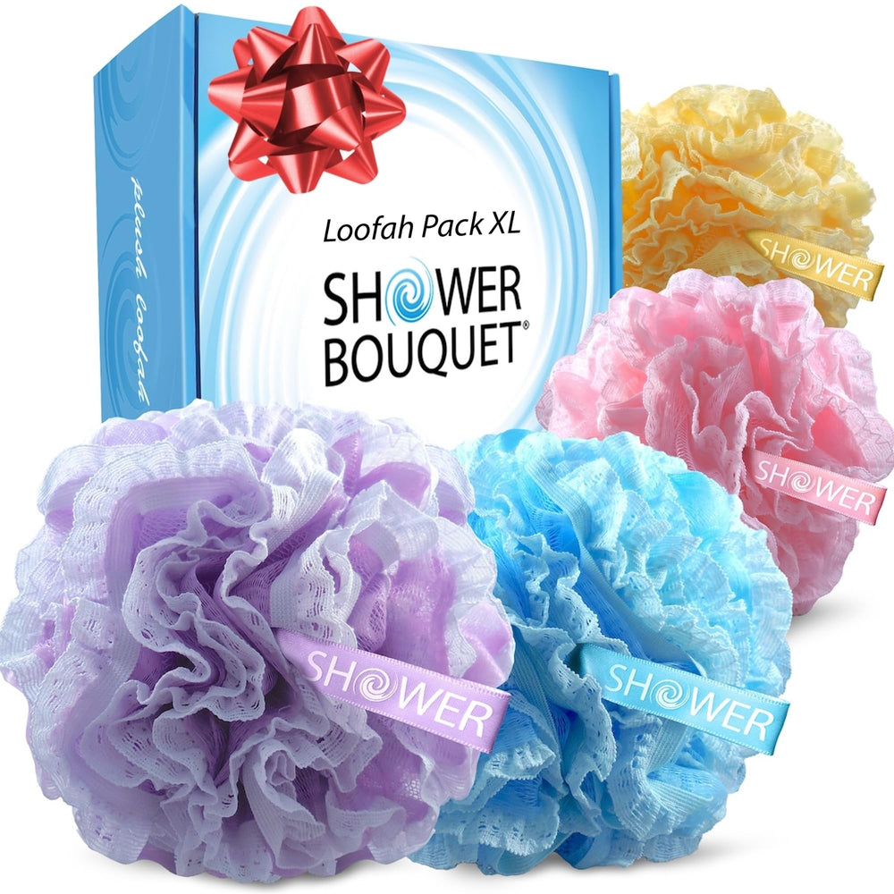 Shower Bouquet lace-mesh loofah set with vibrant colors for gentle exfoliation.