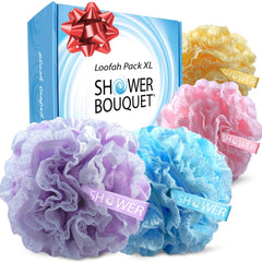 Shower Bouquet lace-mesh loofah set with vibrant colors for gentle exfoliation.