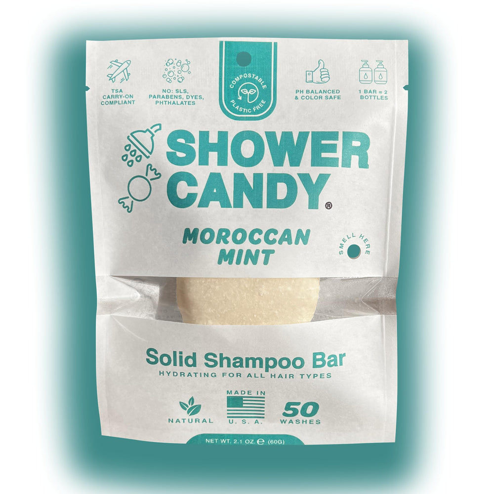 Shower Candy Moroccan Mint Shampoo Bar packaging highlights zero-waste design and USA-made quality.
