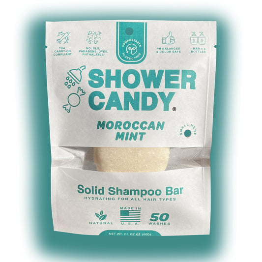 Shower Candy Moroccan Mint Shampoo Bar packaging highlights zero-waste design and USA-made quality.