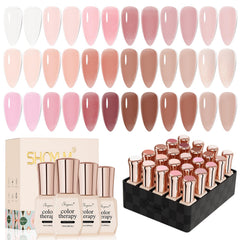SHOYUM 24-piece jelly nude gel polish set bottle lineup for at-home nail art.