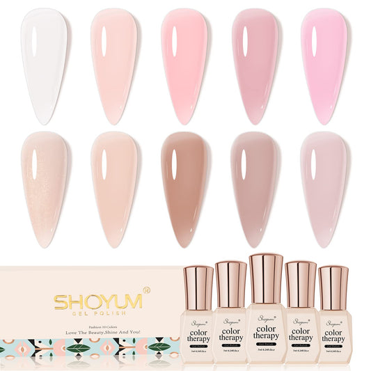 SHOYUM Jelly Nude set swatches display natural nude gel shades for versatile at-home nail art.