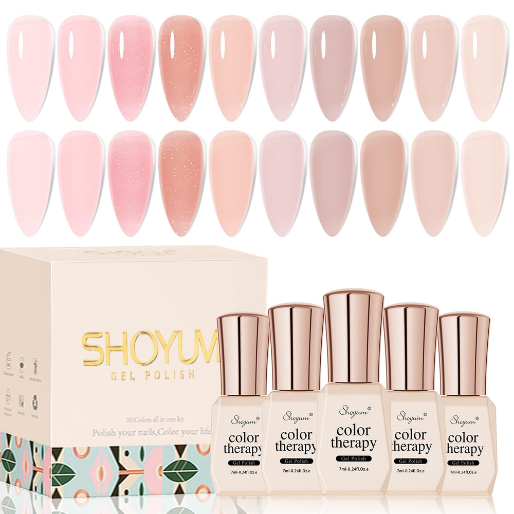 SHOYUM Jelly Pink 10-color flat lay showcasing nude gel polishes for at‑home manicures.