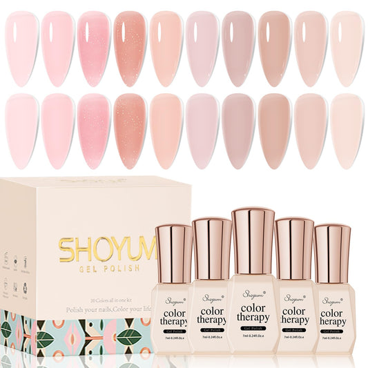 SHOYUM Jelly Pink 10-color flat lay showcasing nude gel polishes for at‑home manicures.