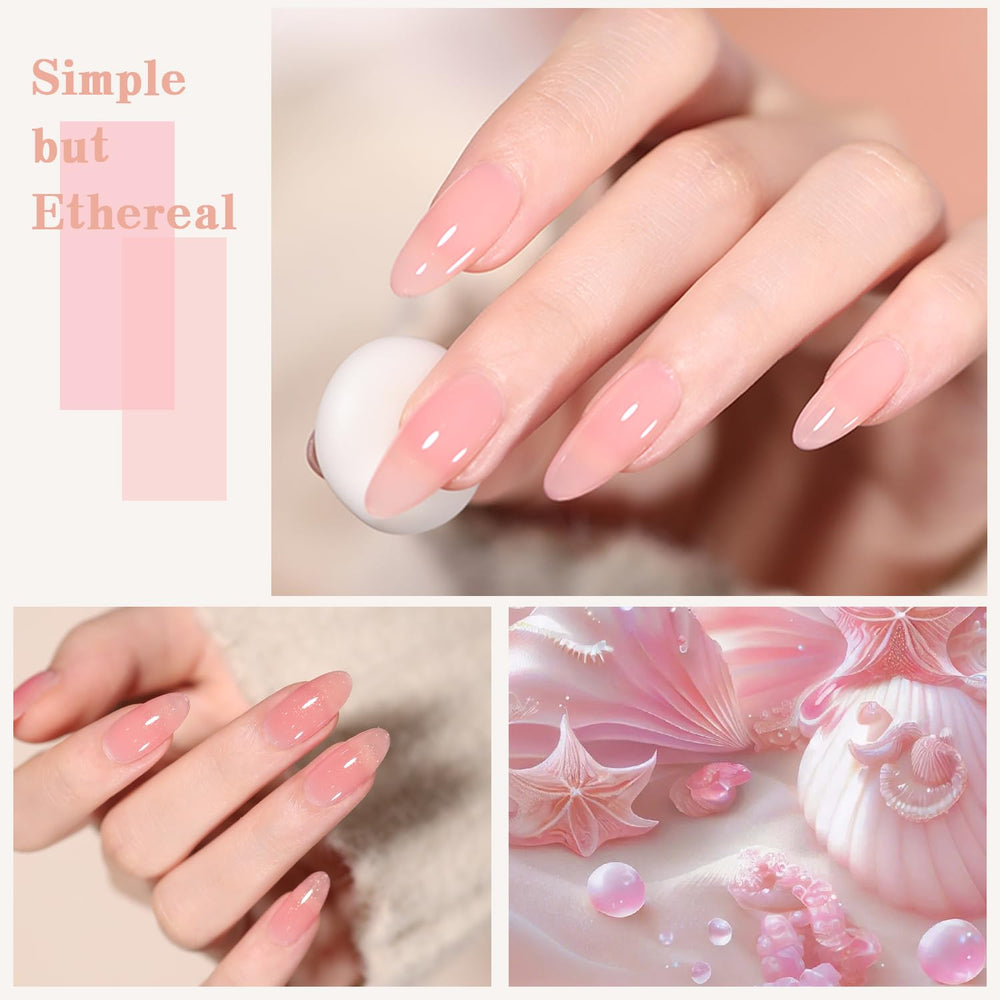 SHOYUM Jelly Pink nude color swatches illustrating layering from sheer to opaque.