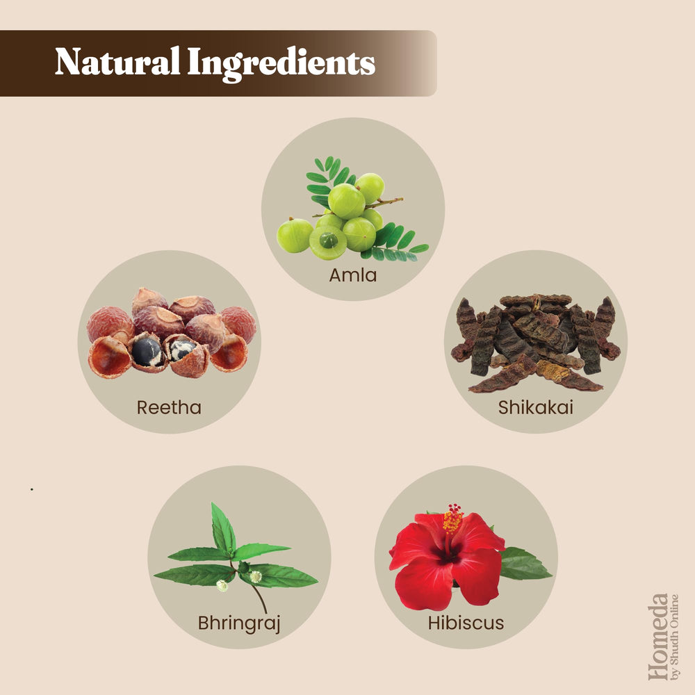 Shudh Online Shikakai Reetha shampoo powder cleanses scalp.