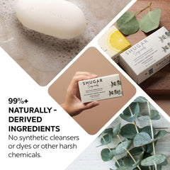 Shugar Soapworks Oatmeal Eucalyptus bar package display in bathroom