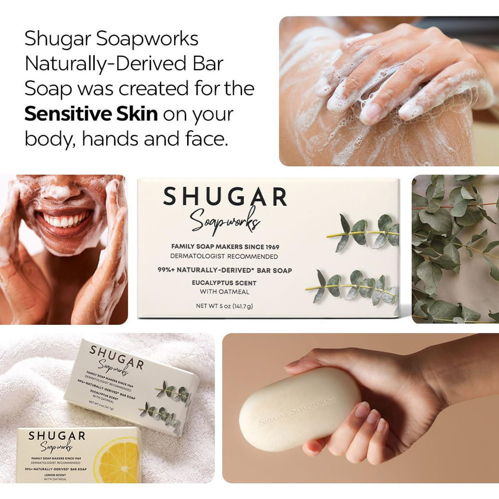 Shugar Soapworks Oatmeal Eucalyptus bar wrapper pack shows eight-pack convenience