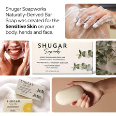 Shugar Soapworks Oatmeal Eucalyptus bar wrapper pack shows eight-pack convenience