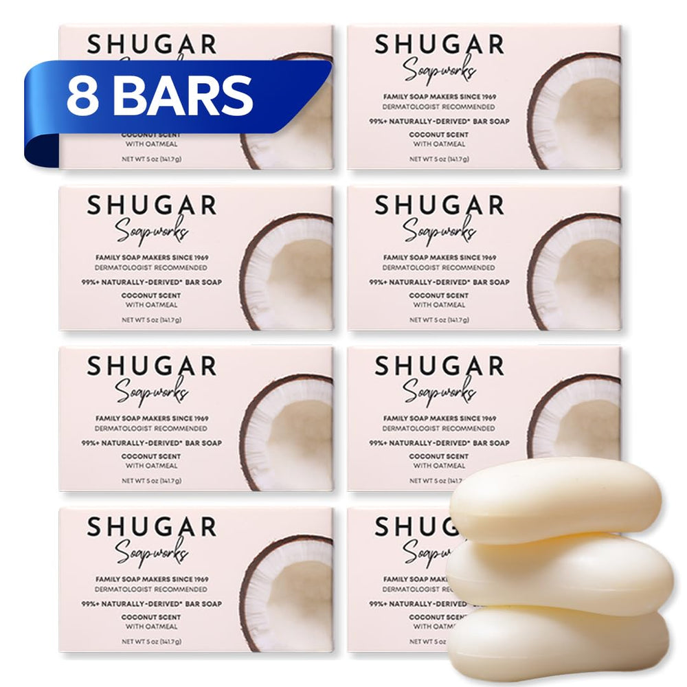 Shugar Soapworks Oatmeal & Coconut bar, individually wrapped, ideal for gifting.