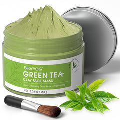 SHVYOG Green Tea Face Mask jar close-up highlighting natural ingredients and freshness.