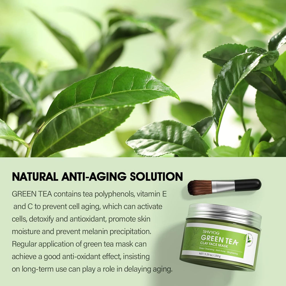 SHVYOG Green Tea Face Mask pore-minimization close-up with smooth skin impression.