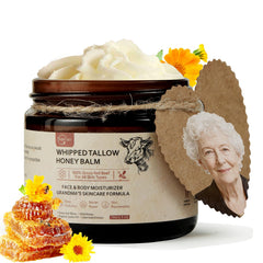 SIBITBIT Beef Tallow Honey Balm jar nourishes dry skin with a natural blend.