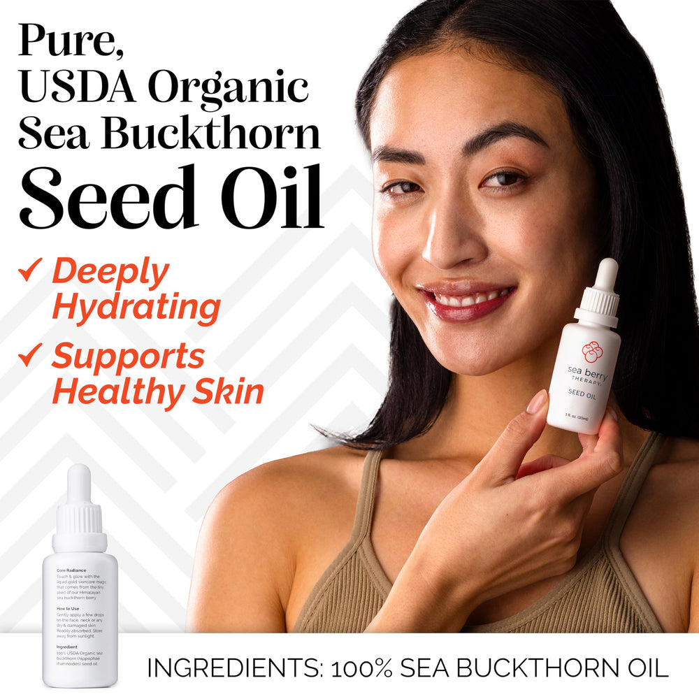 Dropper releasing sea buckthorn oil for gentle skin nourishment.