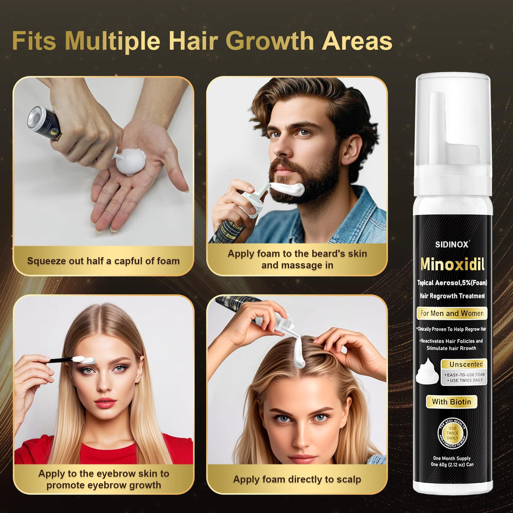 Sidinox Minoxidil Foam massaged into the scalp supports integration.