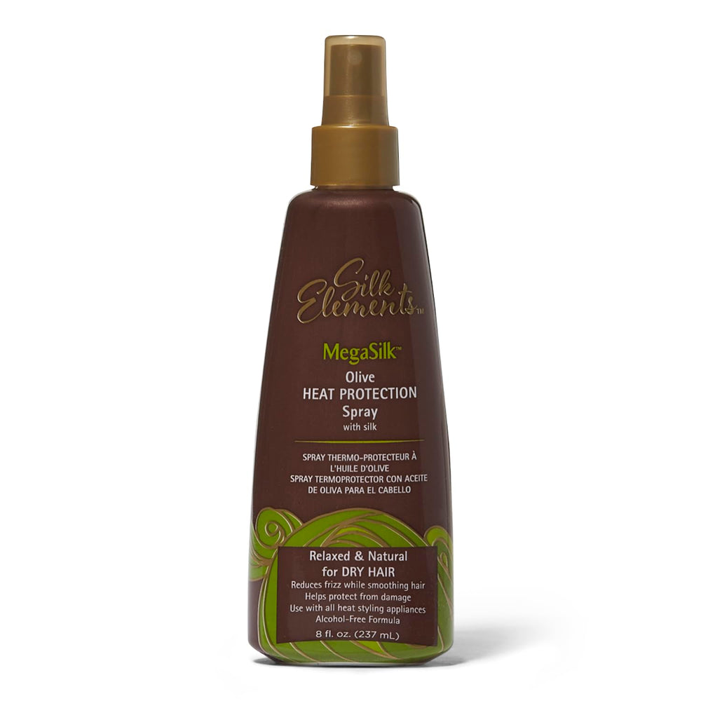 Silk Elements Megasilk Olive Heat Protection Spray bottle for smooth, frizz-free styling.