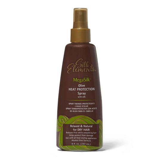 Silk Elements Megasilk Olive Heat Protection Spray bottle for smooth, frizz-free styling.