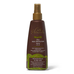 Silk Elements Megasilk Olive Heat Protection Spray bottle for smooth, frizz-free styling.