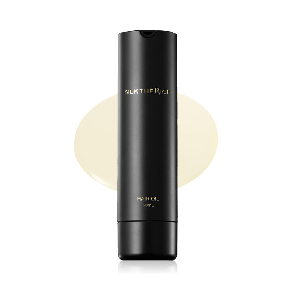 SILK THE RICH hair oil bottle demonstrating heat protection in styling.