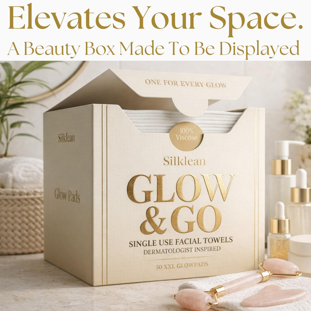 Daily anti-aging routine with Silklean Glow Go towel and skincare steps.