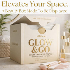 Daily anti-aging routine with Silklean Glow Go towel and skincare steps.