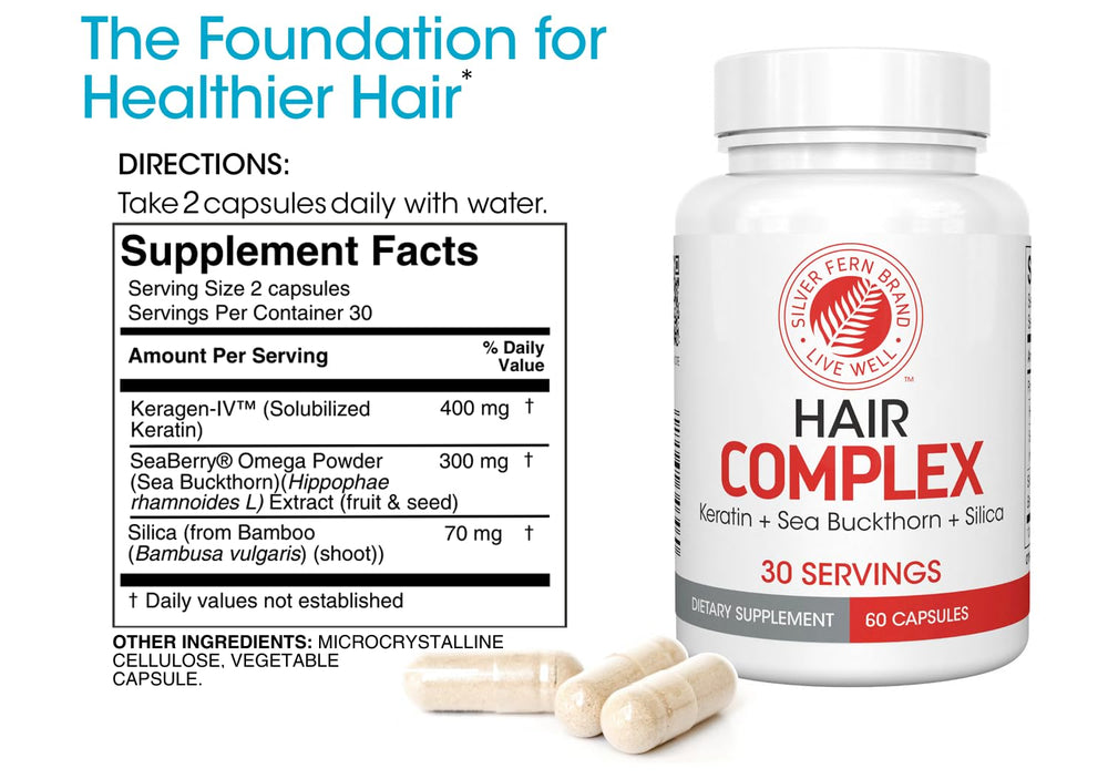 Close-up of Silver Fern Hair Complex capsules for daily use