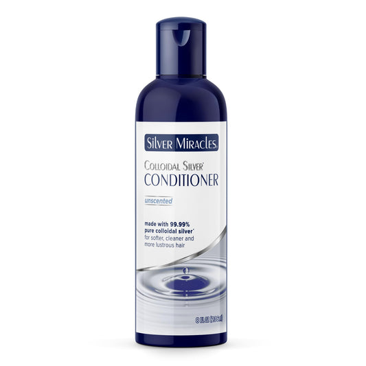 Silver Miracles Colloidal Silver Conditioner bottle; fragrance-free formula for delicate scalps.