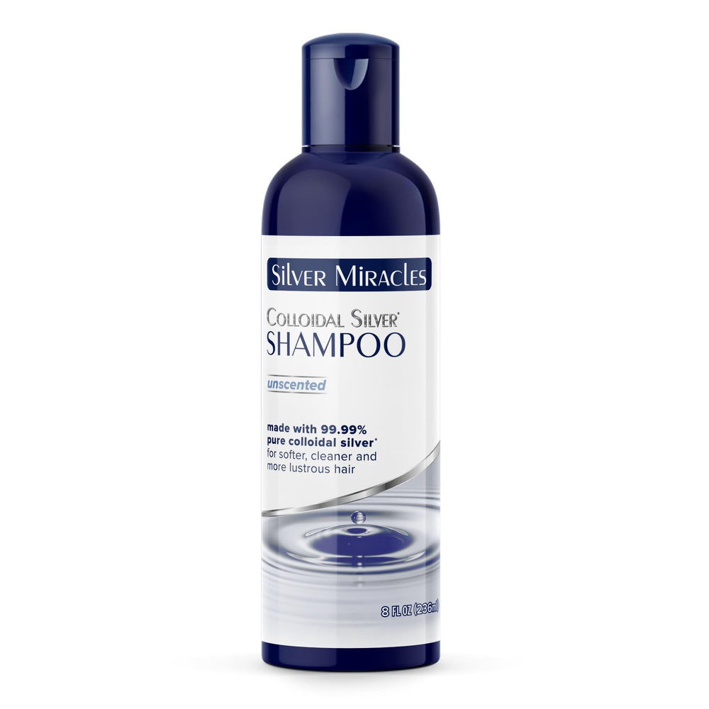 Silver Miracles Colloidal Silver Shampoo Unscented bottle highlighting a pure, soothing formula for calm scalp