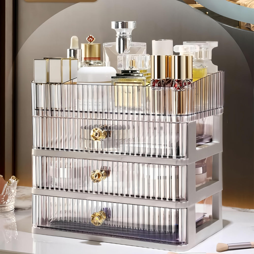 Simbuy clear makeup organizer, top view, shows organized cosmetics for easy access.