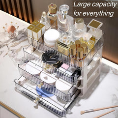 Simbuy clear makeup organizer on bathroom counter, clutter-free vanity setup.