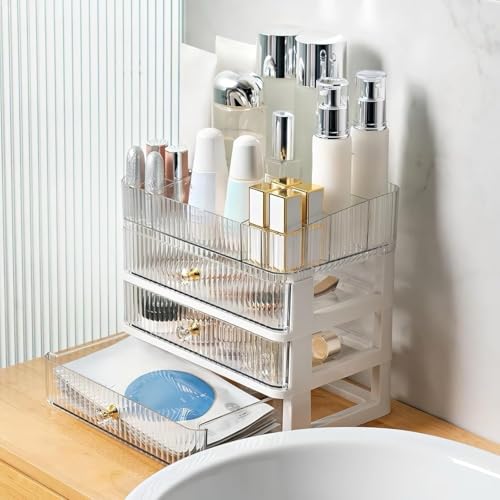 Simbuy clear makeup organizer at vanity, shows sleek translucent design.