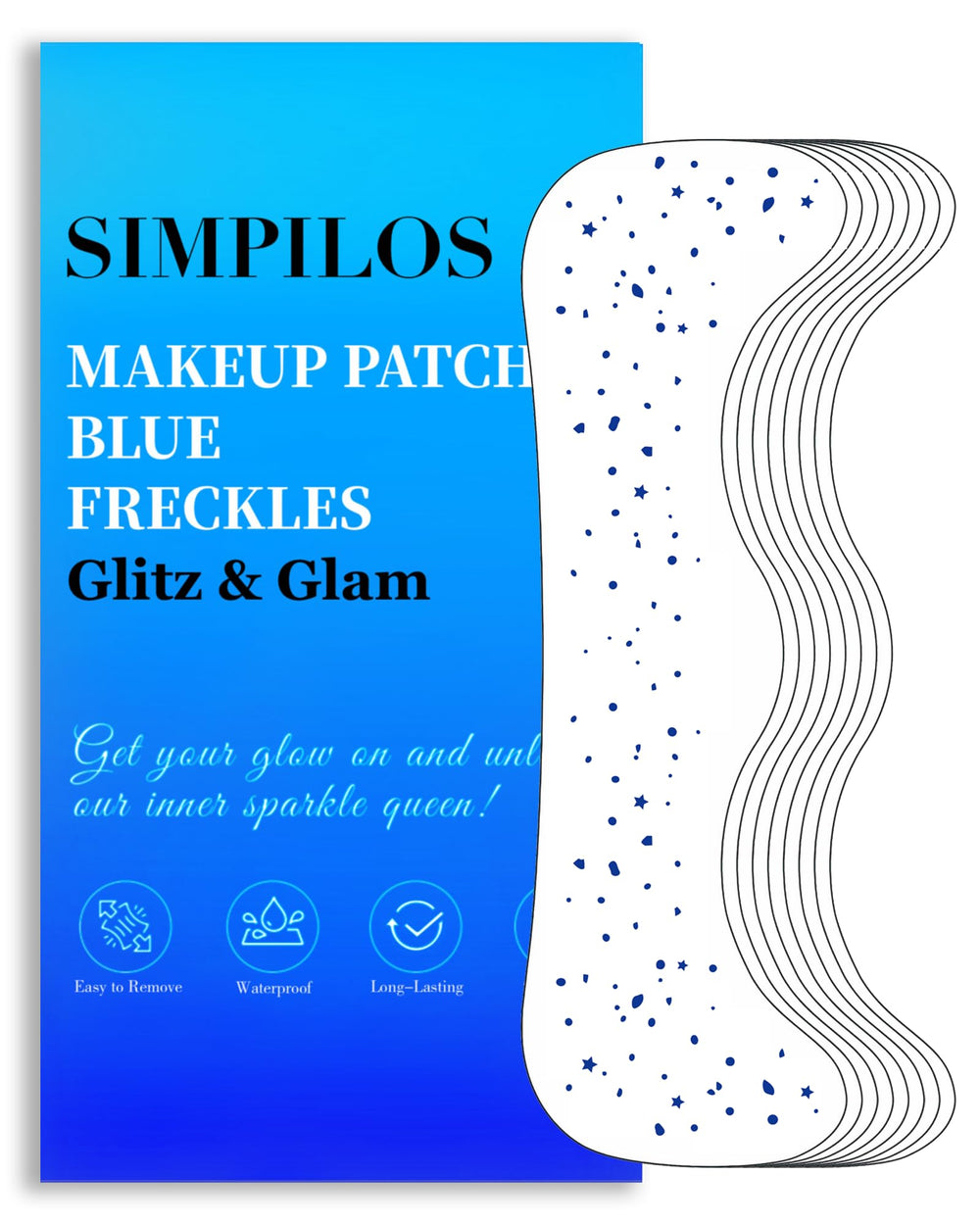 Simpilos blue face glitter with dots and stars for a vibrant festival look.