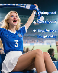 Simpilos blue face glitter stays sparkly through sweat and water.