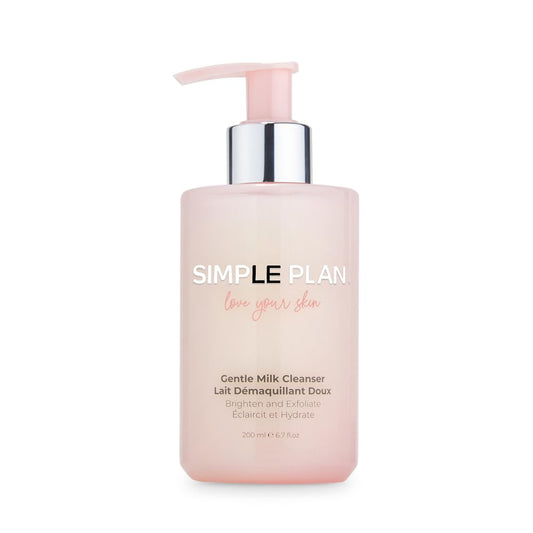 SIMPLE PLAN Hydrating Milky Cleanser bottle pour; gentle daily cleanse for sensitive skin.