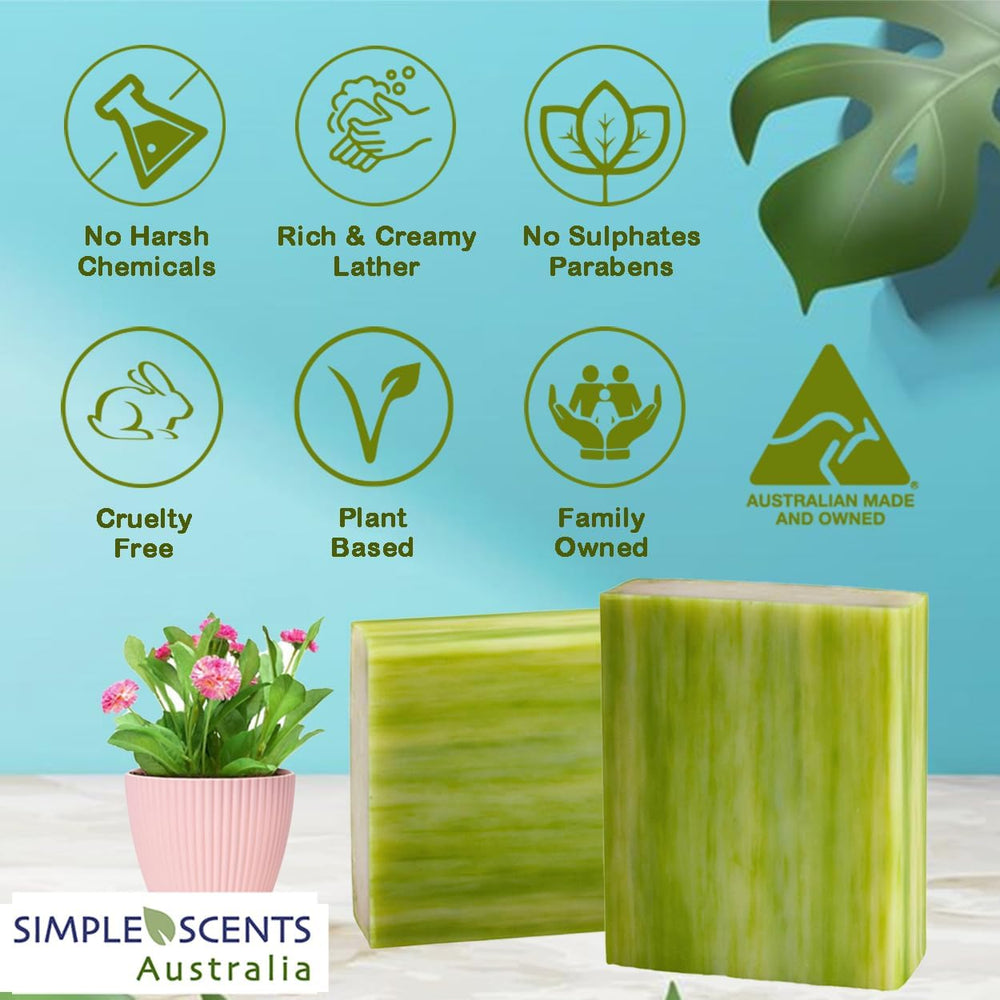 Simple Scents Australia Coastal Woods sandalwood soap bar, soothing aroma enhances bath ritual.