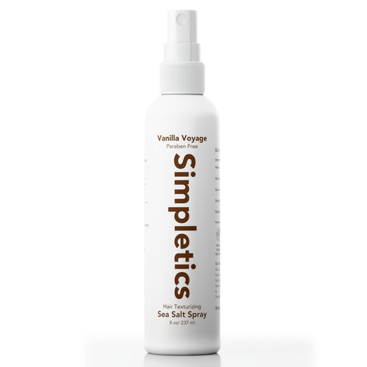 Simpletics Himalayan Sea Salt Hair Spray bottle with vanilla scent for beachy waves.