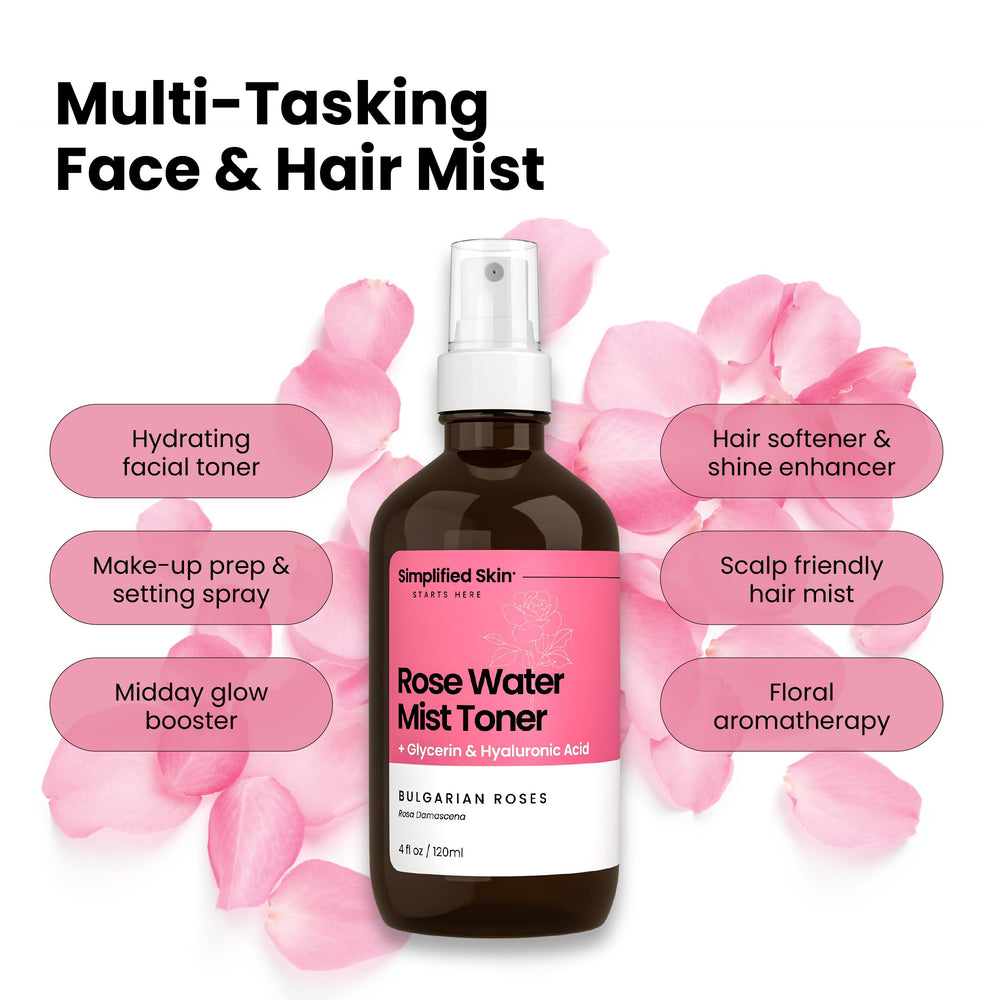 Simplified Skin rosewater mist on hair enhances shine and manageability.