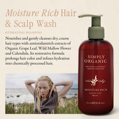 Close-up of SIMPLY ORGANIC label shows Moisture Rich formula for dry hair.