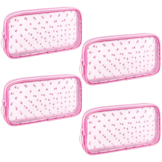 Sinzip heart-print pink mesh pouch front view, ideal for cosmetics organization.