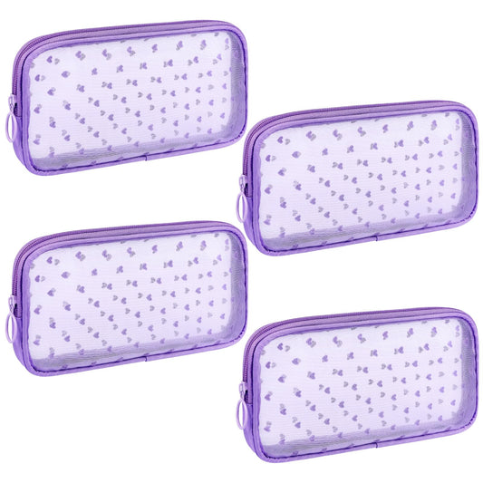 Sinzip heart print purple mesh pouch front view for stylish travel storage