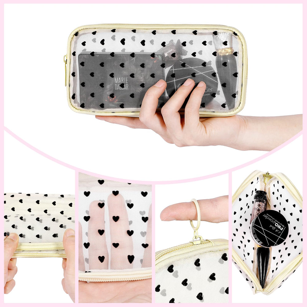 Sinzip heart print purple mesh pouch zipper close showing secure closure