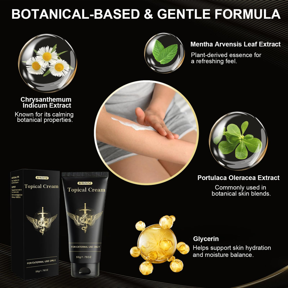 Siripine Numbing Cream packaging highlights emu oil and arnica content for topical care.